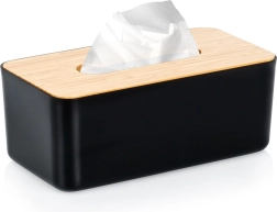 Fekete papír zsebkendőtartó bambusz fedéllel, 24 × 13 × 9,5 cm