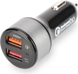 Autós töltő Qualcomm Quick Charge 3.0-val, 2× USB (3 A / 2,4 A), fekete–ezüst