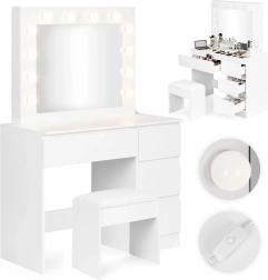Toalettasztal LED tükrrel és 4 fiókkal, székkel – ModernHome