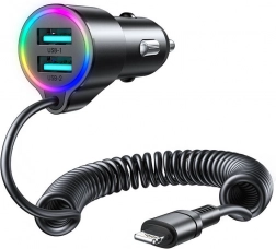 Joyroom autós töltő 2x USB-vel és Lightning kábellel, fekete