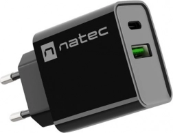 Hálózati töltő NATEC Ribera 1× USB‑A + 1× USB‑C 20 W fekete