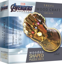 Kétrészes, kétoldalas fa puzzle TREFL Wood Craft Origin Marvel: Végtelen Kesztyű – 505 darab