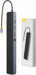 USB‑C elosztó 12 az 1‑ben BASEUS EliteJoy Gen2 2× HDMI, DP, 3× USB 3.0, PD 100 W, RJ45 és SD/TF kártyaolvasóval (sötétszürke)