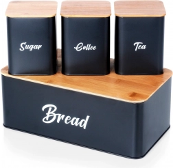 Fekete fémből készült kenyértartó bambusz fedéllel és cukor-, kávé- és teatartó doboz szett, 4 db