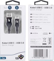 USB kábel USB 3.0 - USB-C 2m Prémium 3A fekete