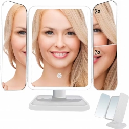 Összecsukható LED kozmetikai tükör három panellel és 3x nagyítással