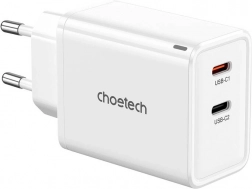 Choetech GaN hálózati töltő 65 W, 2× USB‑C (fehér)