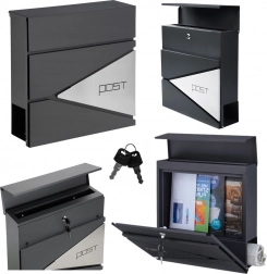 Nagy antracit levélszekrény levelekhez és újságokhoz POST felirattal, A4 formátum