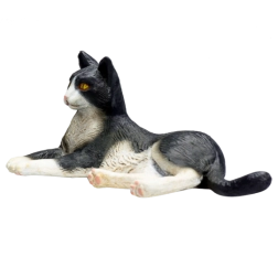 Fekete-fehér fekvő macska Mojo