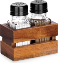 Sószóró és borsszóró tartóval, 3 részes készlet, üveg és fa