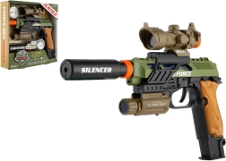 Műanyag pisztoly fénnyel és hanggal, elemmel és kiegészítőkkel