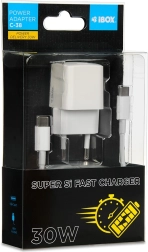 iBox hálózati USB-C töltő 30 W Super Si (PD/QC) USB-C kábellel 1 m
