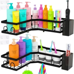 Sarok fürdőszobai polcok fúrás nélkül, RUHHY, 2 db-os készlet, fekete