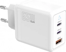 Hálózati töltő 2× USB‑C + USB‑A Power Deliveryvel, fehér, GaN 65 W