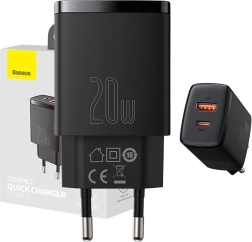 BASEUS 20 W-os hálózati gyorstöltő USB‑C és USB porttal (fekete)
