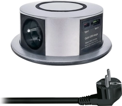 Solight kihúzható asztallapba süllyeszthető konnektorblokk 3× 230 V + USB-A/USB-C PD 20 W, Qi vezeték nélküli töltéssel 10 W, 2 m, ezüst