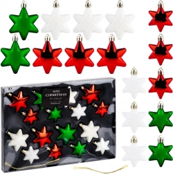 Törhetetlen karácsonyi csillagdíszek piros, zöld és fehér színben, 16 db (6 és 5 cm)
