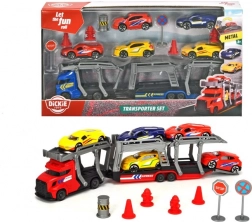 Vontató kamion készlet kisautókkal és közlekedési táblákkal