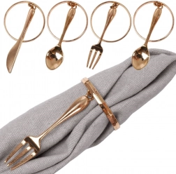 Fém arany szalvétagyűrűk függő evőeszközökkel, 4 cm, 4 darabos készlet