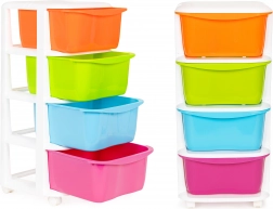 Színes műanyag tároló négy fiókkal kerekeken