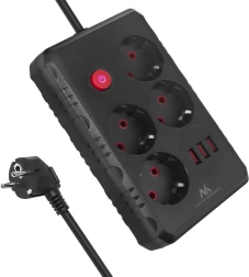 MACLEAN MCE392 túlfeszültségvédett hosszabbító, 4 aljzat és 3× USB, 1,5 m, fekete