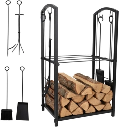 fém kandallófa-tartó állvány szerszámokkal és polcokkal