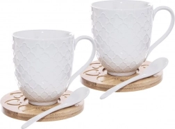 WHITELINE porcelán bögrék 370 ml, 2 darabos szett bambusz alátétekkel és kanalakkal