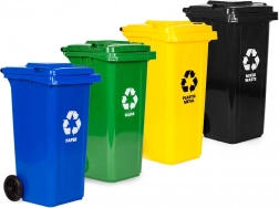 4 db kültéri szemetes 4×120 l gumikkerekekkel – papír, üveg, műanyag/fém és vegyes hulladék