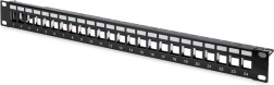19"-es patch panel, 24 portos keystone modulokhoz, árnyékolt, 1U, kábelforgalom-vezetővel és címkemezőkkel, fekete
