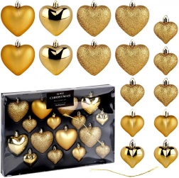 Arany szívecske karácsonyi díszek, törhetetlen, 16 db-os szett (6,5 és 4,5 cm)