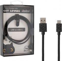 USB‑C töltőkábel fekete macskával és szilikon szalaggal a hossz beállításához