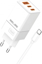 65 W-os GaN hálózati töltő 2× USB‑C + USB‑A USB‑C kábellel – Fehér