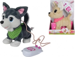 Plüss kiskutya pórázon, hanggal és járással