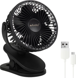 Ruhhy vezeték nélküli asztali ventilátor csipesszel, fekete, USB‑C 1200 mAh