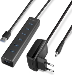USB 3.2 Gen 1 AXAGON hub 7 porttal és töltéssel, alumínium, adapterrel
