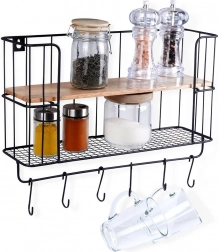 Konyhai falipolc akasztókkal 41 × 12 × 25,5 cm, fém és fa