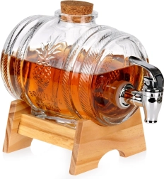 Üveg italadagoló csappal és fa állvánnyal, 1 l