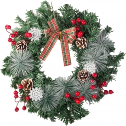 Karácsonyi koszorú tobozokkal, piros bogyókkal és kockás masnival, 30 cm