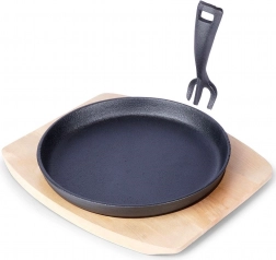 Öntöttvas szervírozó serpenyő fa tálcával, 22 cm, 2 részes szett