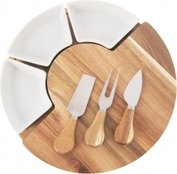 Forgatható akácfa sajttál 3 tálkával és 3 késsel, 7 részes készlet