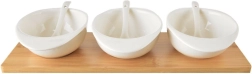 Porcelán tálkák kanalakkal bambusztálcán WHITELINE, 7 darabos készlet, 32 cm