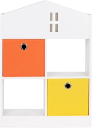 Gyerek házikó alakú könyvespolc rekeszekkel és textil dobozokkal ECOTOYS