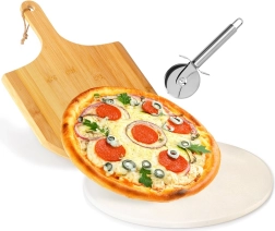 Samott pizza kő bambuszlapáttal és rozsdamentes acél pizzavágóval, 3 részes készlet