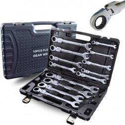 13 darabos racsnis csillag-villáskulcs készlet, flexibilis, 8–32 mm, kofferben