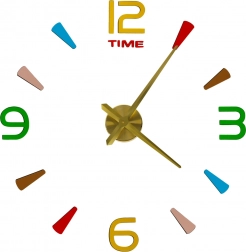 DIY falra ragasztható óra, 80–90 cm, arany mutatók, színes jelölések, 4 számjegy