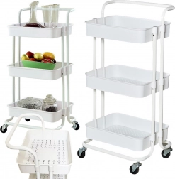 Görgős, háromszintes fém állvány mély polcokkal – fehér