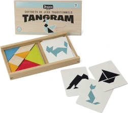 Jeujura tangram mintakártyákkal, fa dobozban