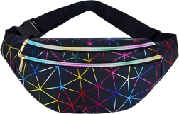 Uniszex övtáska holografikus geometrikus mintával, 3 zseb, állítható pánt