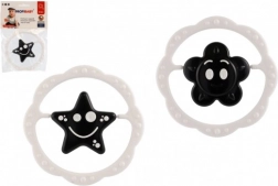 műanyag csörgő és rágókarika 12 cm, fekete-fehér, 0 hónapos kortól