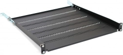 19” rack polc 1U, 483 × 450 mm, fekete, perforált, állítható rögzítéssel és támasztékkal